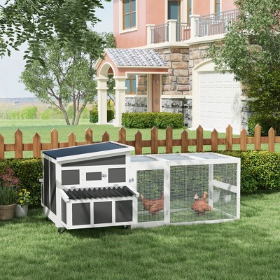 White and Gray Wooden Chicken Coop with Nesting Box and Run