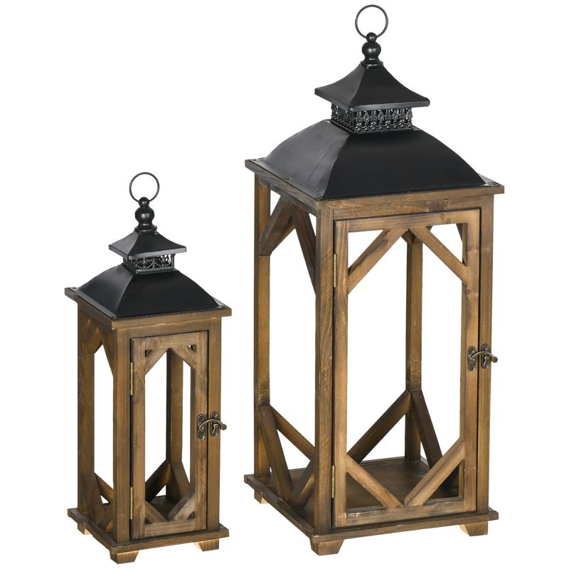 HOMCOM 2 Pack 31"/21" Large Rustic Lantern Decorations, Hanging Wooden Metal Indoor Covered Outdoor Lantern for Home Decor (No Glass), 4 of 7