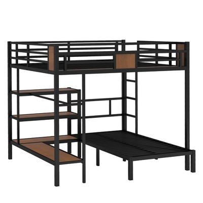 Bellemave Queen Over Twin Bunk Bed with storage area on upper bed,lower bed with hangers and shelves, Space-Saving/Noise Reduced,black