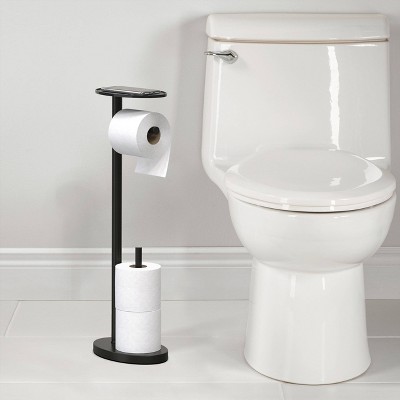 Better Living Matte Black Freestanding Toilet Paper Holder with Tray