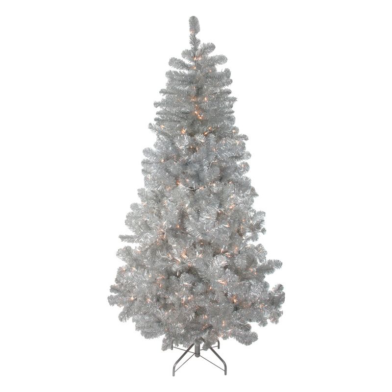 Northlight 6.5' Prelit Artificial Christmas Tree Silver Metallic Tinsel - Clear Lights, 1 of 7