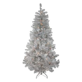 Northlight 6.5' Prelit Artificial Christmas Tree Silver Metallic Tinsel - Clear Lights