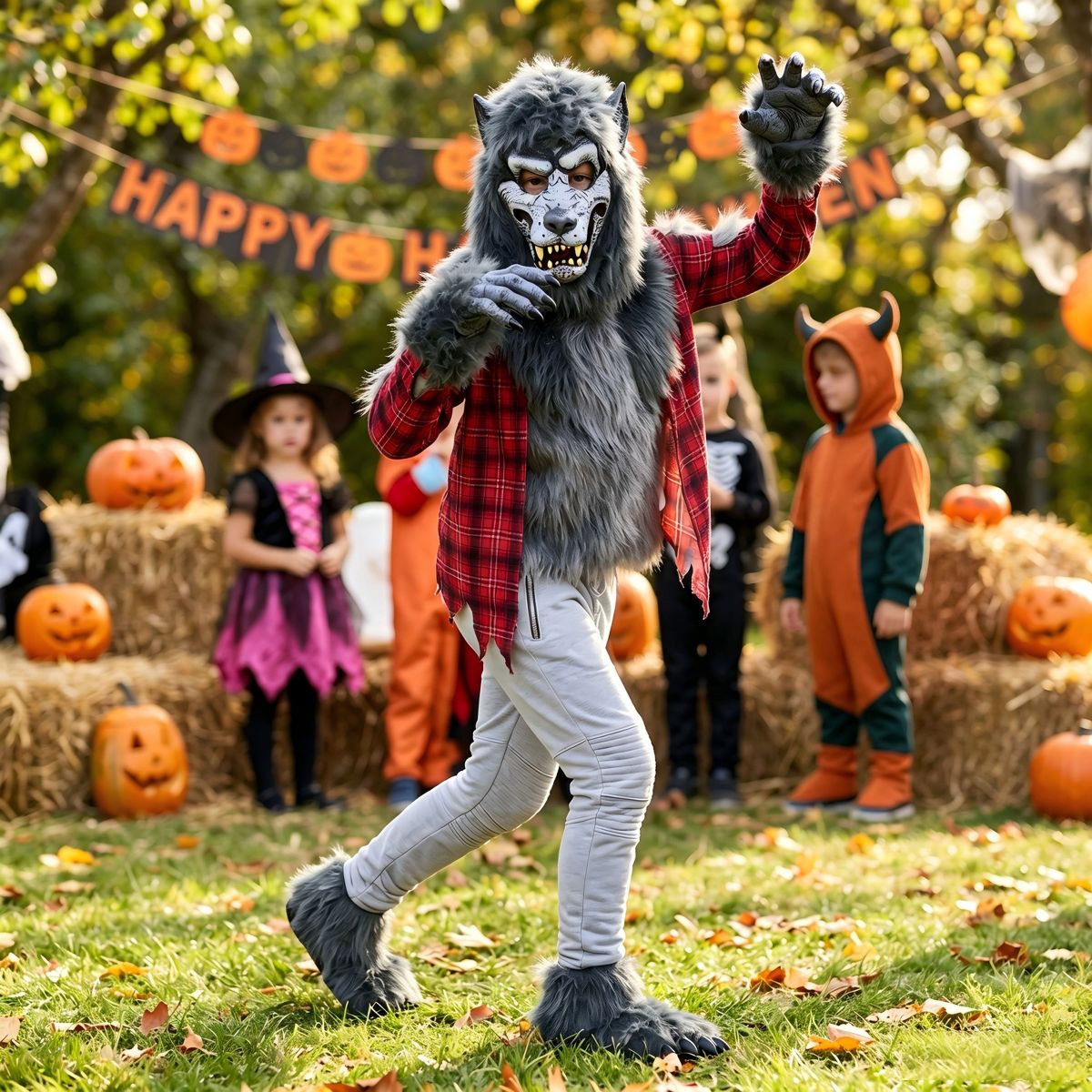 Joyfy Halloween Costume Wolf Suit for Boys, Toddlers wolf costume with Torn Shirt, Mask, Gloves & Claws-Monster Cosplay for Kids Halloween Party - thumbnail 6