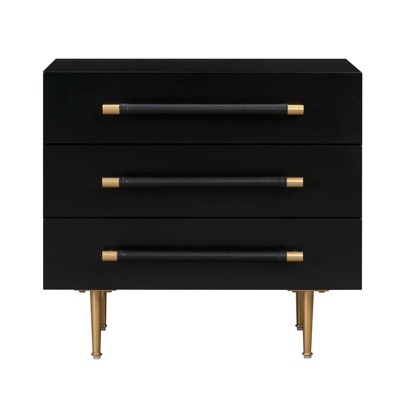 Trident Black Acacia Wood 3-Drawer Nightstand with Brass Accents