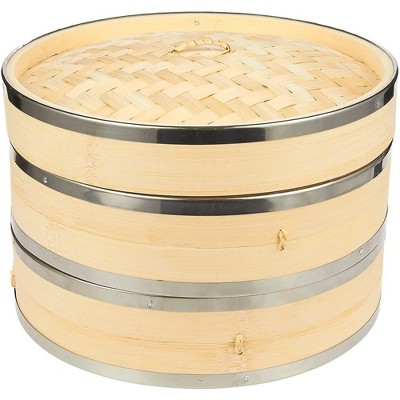 Natural Bamboo Two-Tier Steamer Basket with Steel Rings, 10-inch