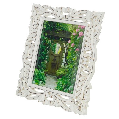 Mango Wood Scroll Handmade Intricate Carved 1 Slot Photo Frame Rustic White - Olivia & May
