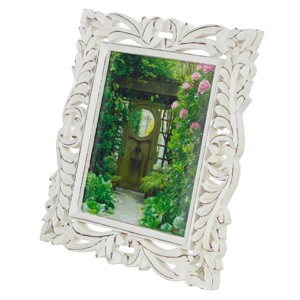 Mango Wood Scroll Handmade Intricate Carved 1 Slot Photo Frame Rustic White - Olivia & May - 1 of 4