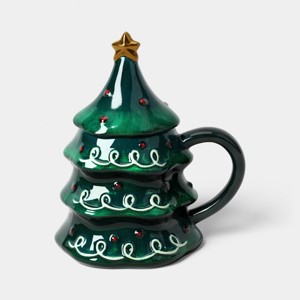 10 fl oz Stoneware Christmas Tree Figural Lid Coaster Mug - Wondershop™ - 1 of 4