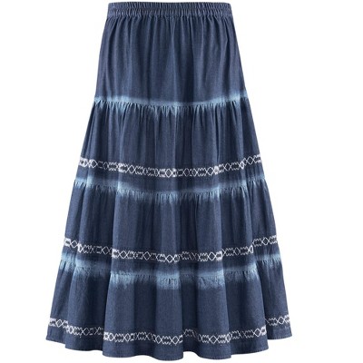 Collections Etc Stylish Denim Smocked Tiered Bleached Details Elasticized Waist Skirt