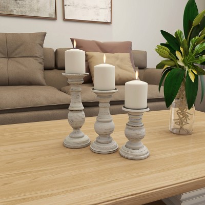 Set of 3 White Distressed Wood Pillar Candle Holders