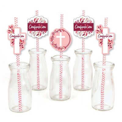 Big Dot of Happiness Confirmation Pink Elegant Cross - Paper Straw Decor - Girl Religious Party Striped Decorative Straws - Set of 24