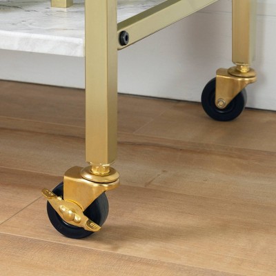 Glam Marble-Top Gold Metal Bar Cart with Wine Glass Storage