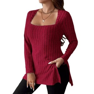 Women Plus Size Top Fall Lightweight Square Neck Long Sleeve Shirts Side Split Ribbed Knit Sweaters - 1 of 4