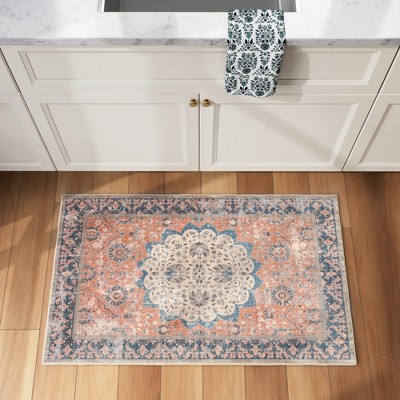 Blue Floral Rectangular Synthetic Washable Area Rug 50" x 20"