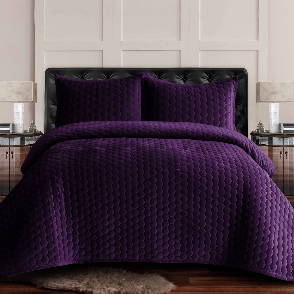 Photos - Bed Linen Tribeca Living Twin Lugano Honeycomb Velvet Oversized Quilt Bedding Set Pu