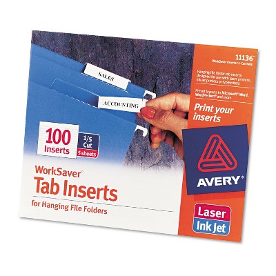 Avery Printable Inserts for Hanging File Folders 1/5 Tab Two White 100/Pack 11136
