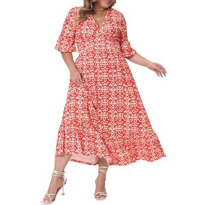 Agnes Orinda Women's Plus Size Boho Floral Bell Sleeve Ruffled Hem Deep V Neck A Line Maxi Dresses - 1 of 4