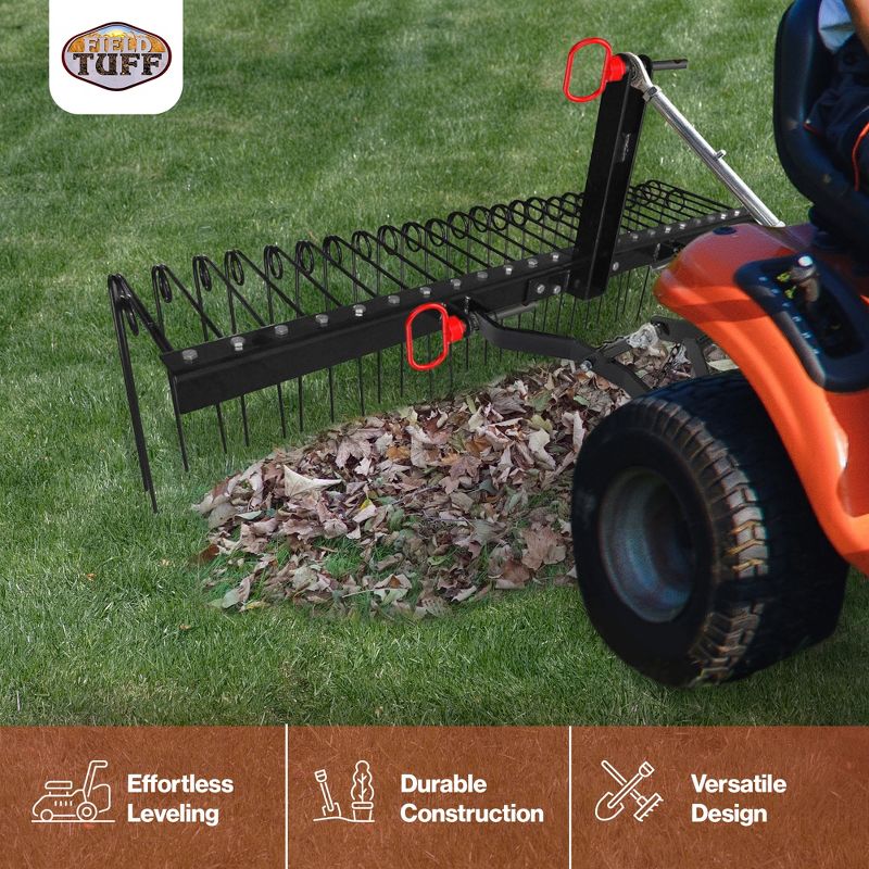 Field Tuff Steel Spring Coil Tine Tow Behind Landscape Rake for Leaves, Pine Needles, Straw, and Grass with 3 Point Hitch Receiver Attachment, Black, 2 of 7