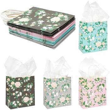 Sparkle and Bash 12-Pack Floral Small Kraft Gift Bags with Handles & 20 Tissue Paper (4 Colors, 8 x 9 x 4 in)