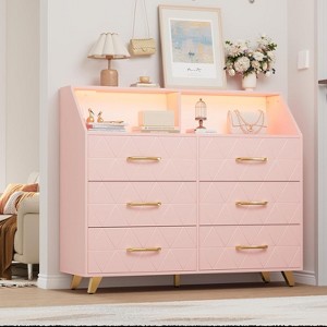 Jojoka Wood Dresser for Bedroom, 6 Drawer Dresser with LED Lights & Charging Station - 1 of 4