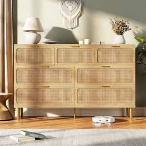 Rattan 7-Drawer Dresser w/ Deep Drawers & Wide Top - Tall Frame Storage for Bedroom/LR/Hallway/Nursery, Natural Wood Tone - 1 of 4