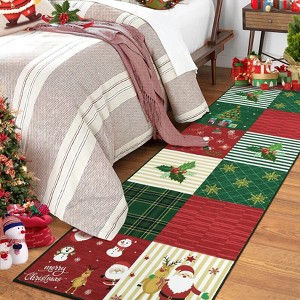 Christmas Patchwork Area Rug, Washable Ultra Thin Non Shedding Low Pile Carpet, Soft Non Slip Holiday Floor Mat for Home, Red/Green - 1 of 4