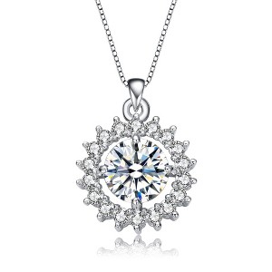 White gold plated round cubic zirconia pendant neckalce in a flower style design for a delicate and elegant look - 1 of 3