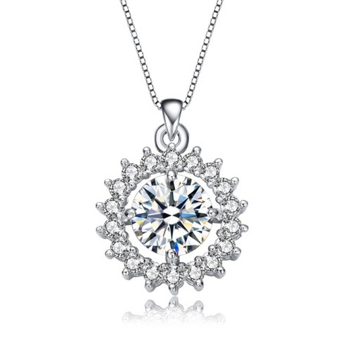 White gold plated round cubic zirconia pendant neckalce in a flower style design for a delicate and elegant look - image 1 of 3