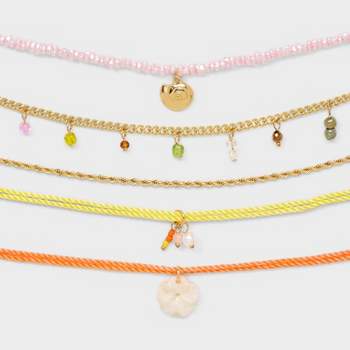 Beaded and Flower Charm Choker Pendant Necklace Set 5pc - Wild Fable™ Gold/Pink/Yellow