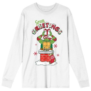 Teenage Mutant Ninja Turtles TMNT Holiday Green Greetings Women's White Crew Neck Long Sleeve Tee - 1 of 3