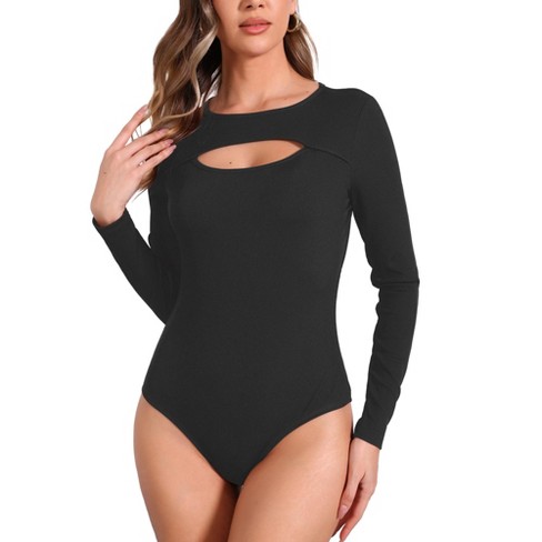 INSPIRE CHIC Women s Bodysuit Ribbed Knit Cutout Front Long Sleeve Crew Neck Bodycon Leotard Tops Black X Small