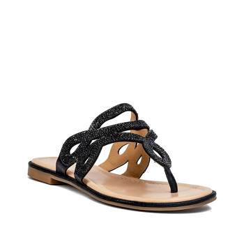 GC Shoes Tera Black 6 Embellished Comfort Slide Wedge Sandals