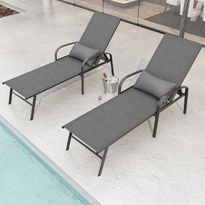 YOOCOZZ 2-Piece Outdoor Steel Adjustable Recliner Lounge Chair & Chaise Lounge with Pillows - Grey - 1 of 4