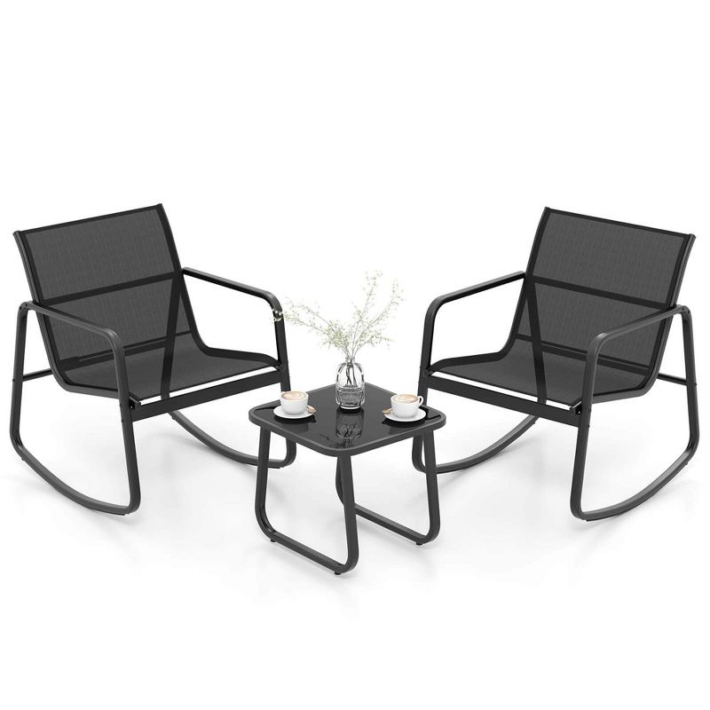Costway 3 Piece Patio Rocking Set 2 Rocking Bistro Chairs & Glass-Top Table for Porch, 2 of 11
