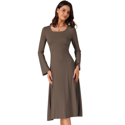 INSPIRE CHIC Women's Knit Midi A-Line Drawstring Back Square Neck Long Sleeve Dresses
