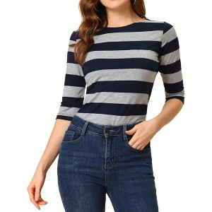 INSPIRE CHIC Women's Stripes Casual Basic Elbow Sleeves Boat Neck Slim Fit T-Shirts - 1 of 4