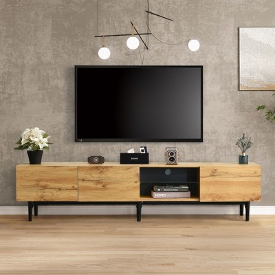 71"W TV Stand TV Console Storage Cabinet Entertainment Center Sideboard with LED Light for TVs up to 80'', Natural-ModernLuxe