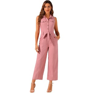 Allegra K Women's Button Down Collared Wide Leg Tie-Waist Sleeveless Cargo Jumpsuits - 1 of 4