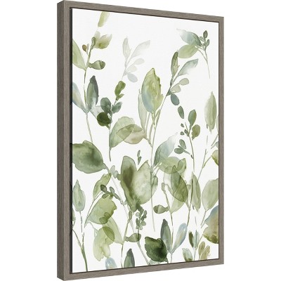 Green Botanical Print on Canvas with Gray Frame