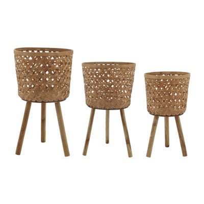 VisioGear 3PCS Round Bamboo Planter with Legs, Plant Pots for Living Room, Bedroom, Brown, 15"*15"*26"