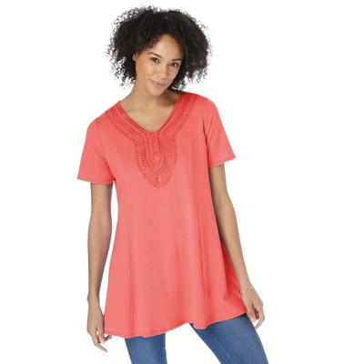 Woman Within Women's Plus Size Rounded V-Neck Crochet Tunic