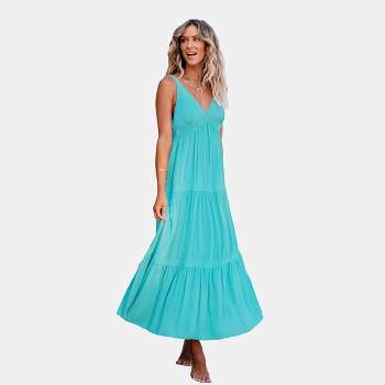 Women's Turquoise Plunging Sleeveless Maxi Dress - Cupshe