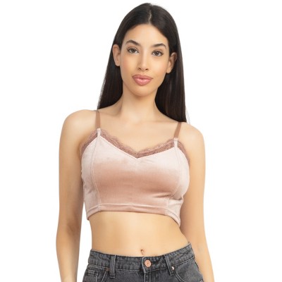 Slickblue Women's Velvet Crop Top with Corset Fit, Adjustable Strap Cami Style, V-Neckline, Mocha, S-L