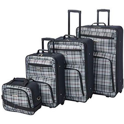 Rockland Fashion Softside Upright Luggage Set Telescoping Handles Black Plaid 4-Piece (14/19/24/28)