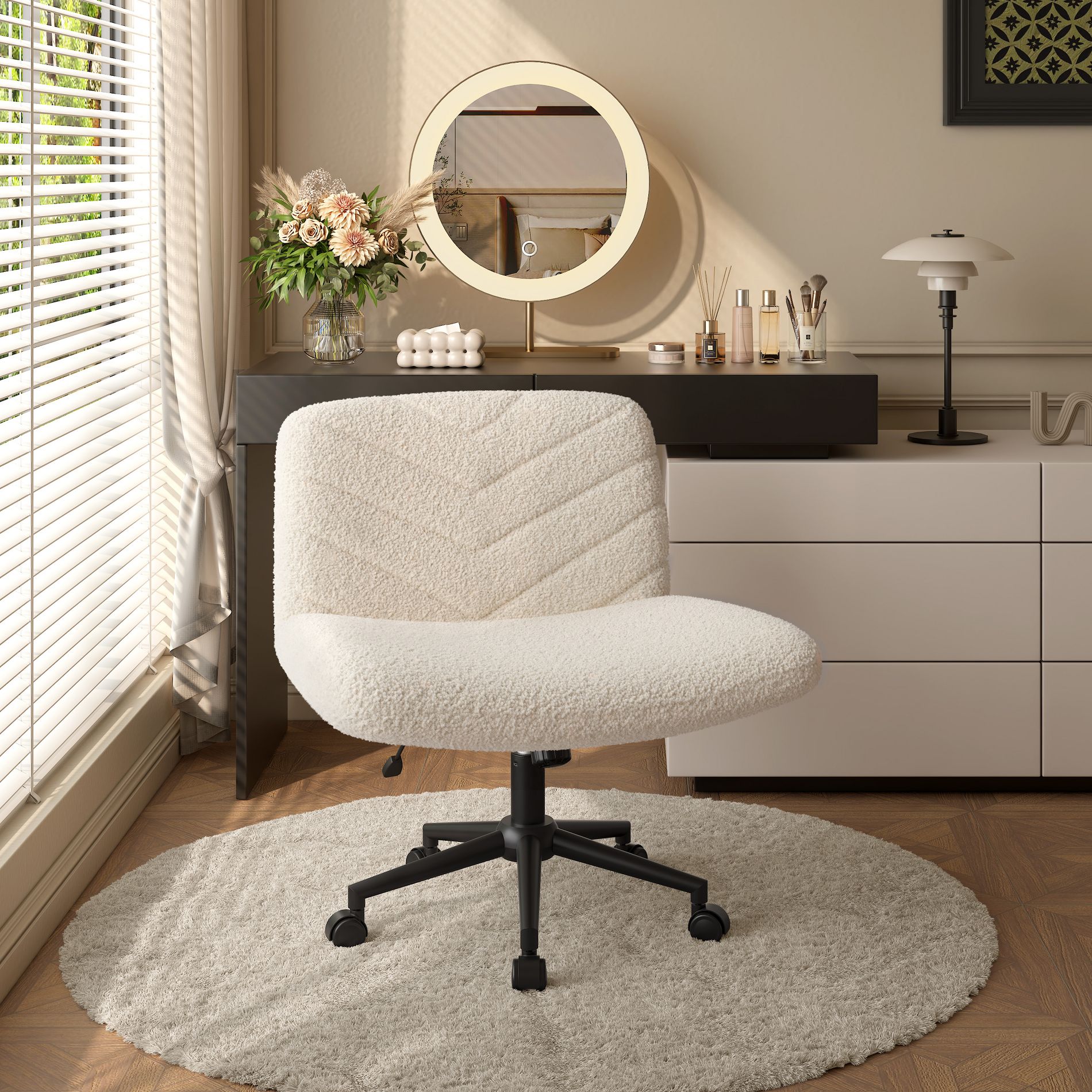 Yaheetech 32.5"H Boucle Swivel Armless Desk Chair, Cross-Legged Rolling Chair for Office, Bedroom & Vanity, Ivory