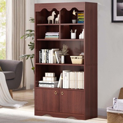 63 Inch Tall Bookcase with 6 Cubes and 2 Doors, Floor Standing 5-Tier Bookshelf with Storage Cabinet, Display Storage Organizer