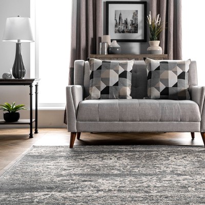 Faded Floral Dark Gray Synthetic 9' x 12' Easy Care Area Rug