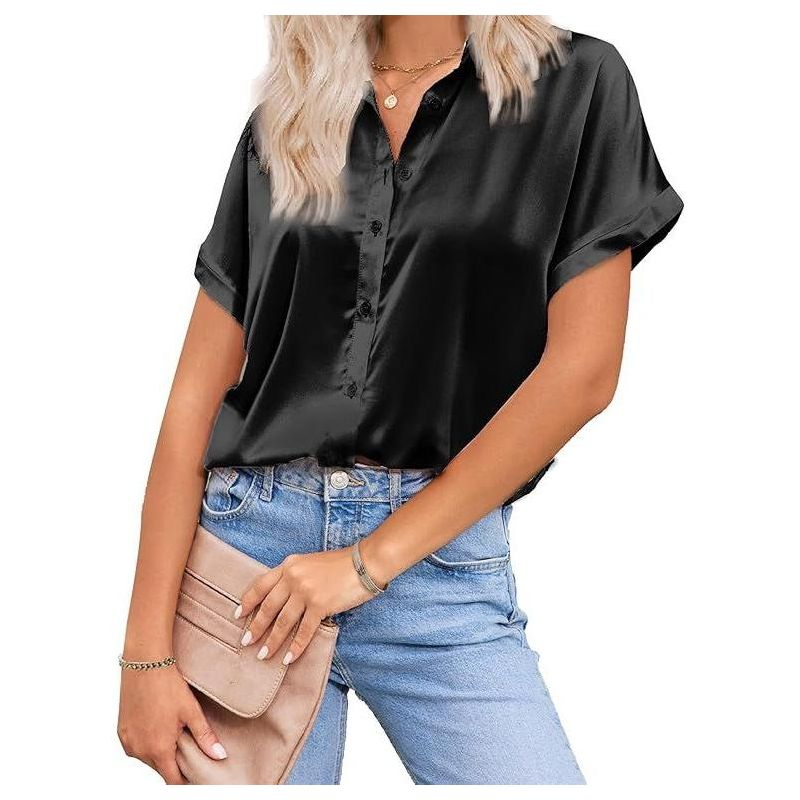Zeagoo Women's Black Silk Short Sleeve Satin Button Up V Neck Blouse Formal Business Work Shirt-Black-S