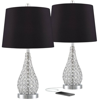 360 Lighting Modern Glam Table Lamps Set of 2 with USB Charging Port Base Acrylic Chrome Black Drum Shade for Living Room Bedroom