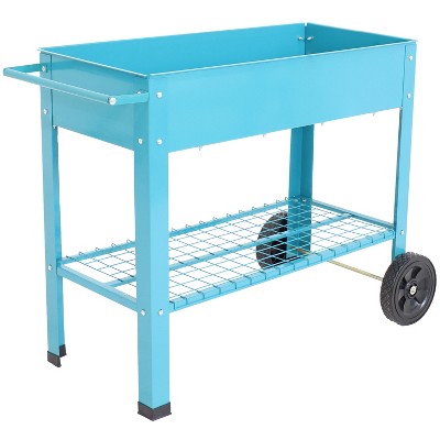 Sunnydaze Outdoor Galvanized Steel Raised Mobile Elevated Planter Cart with Handlebar and Wheels - 43" - Blue